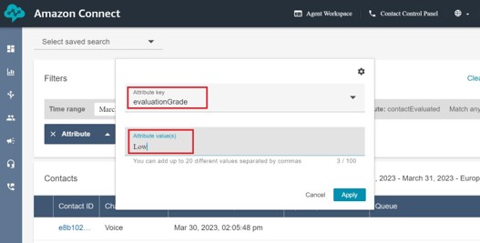 Screen grab Amazon Connect adding filter for low agent evaluation grade