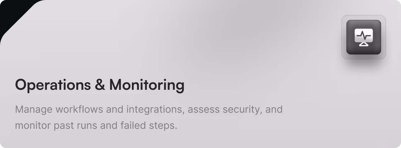 Text reading 'Operations & Monitoring' with description 'Manage workflows and integrations, assess security, and monitor past runs and failed steps,' next to an icon of a monitor with a heartbeat line.