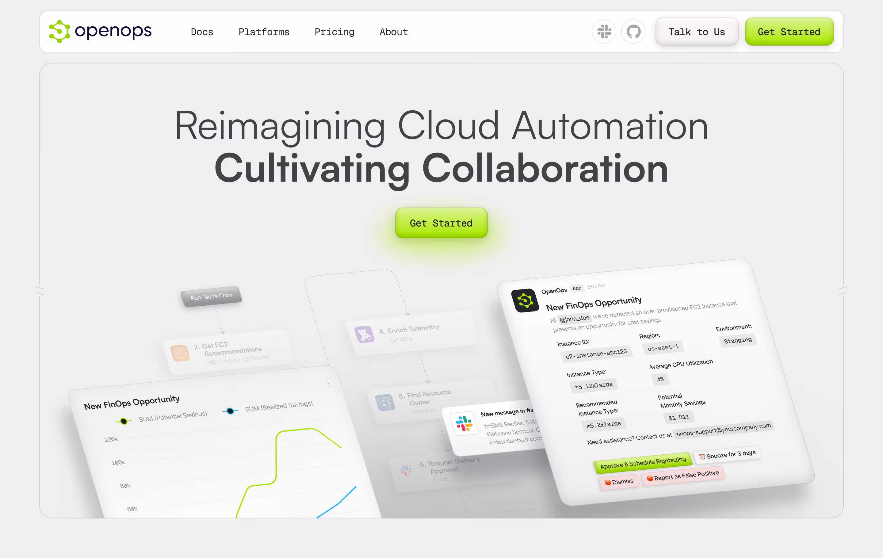 OpenOps homepage featuring header with navigation and buttons, headline reading 'Reimagining Cloud Automation Cultivating Collaboration', and screenshots of FinOps opportunity and workflow automation interfaces.