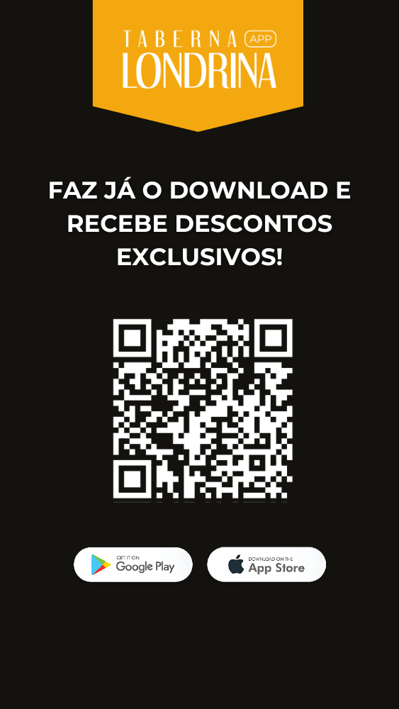 Logo da APP Taberna Londrina, com convite para fazer download do app e receber descontos exclusivos, QR code e ícones da Google Play e App Store.