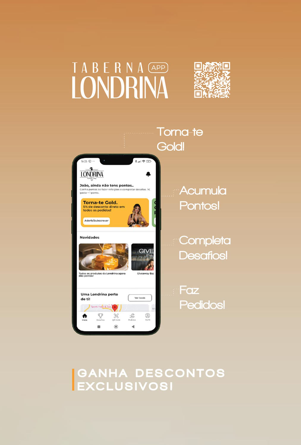 Flyer da app Taberna Londrina mostrando a interface do app, com as vantagens de o cliente tornar-se Gold, acumular pontos, completar desafios e fazer pedidos para ganhar descontos exclusivos.