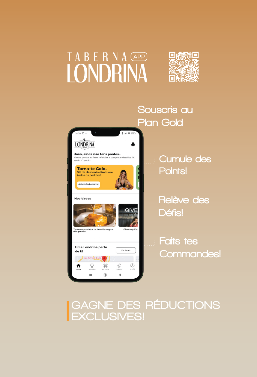 Imagem do aplicativo Taberna Londrina mostrando a tela com planos Gold, pontos, desafios e pedidos, ao lado QR code e texto que destaca assinaturas e descontos exclusivos.