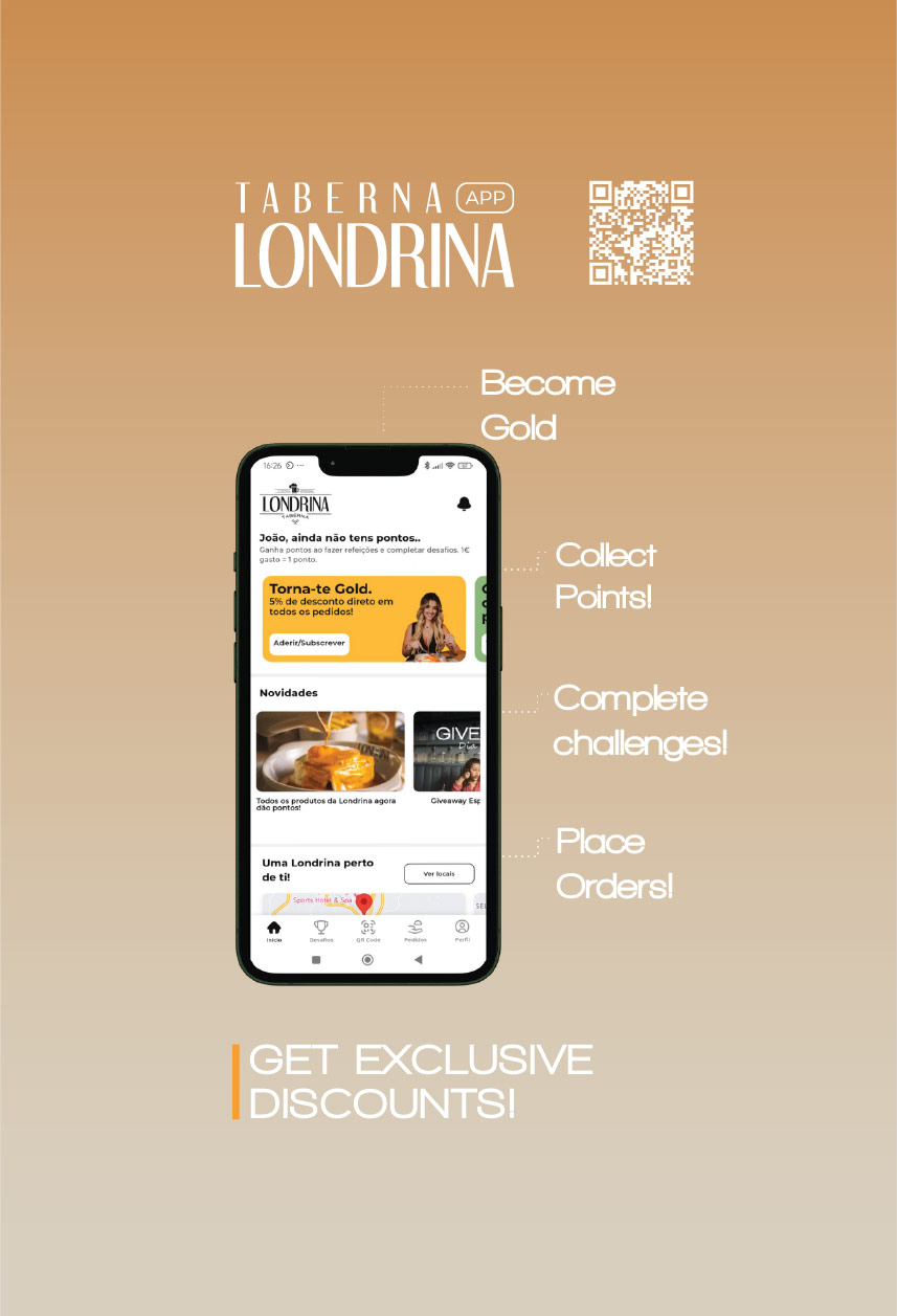 Tela de smartphone exibindo aplicativo Taberna Londrina com recursos para se tornar Gold, coletar pontos, completar desafios e fazer pedidos, com texto promovendo descontos exclusivos.