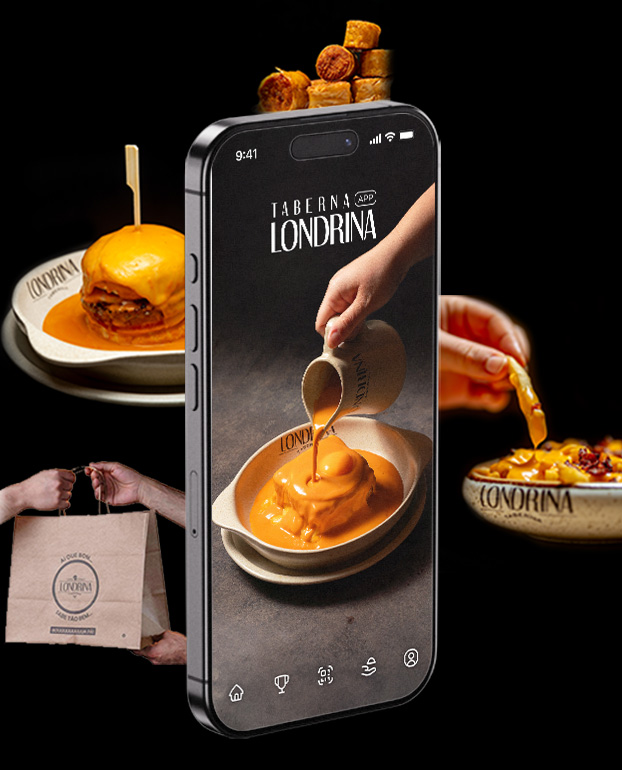 Mão derramando molho laranja sobre prato de comida servido em tigela com nome Londrina, cercado por hambúrguer com queijo derretido, petiscos e mão mergulhando petisco em molho.