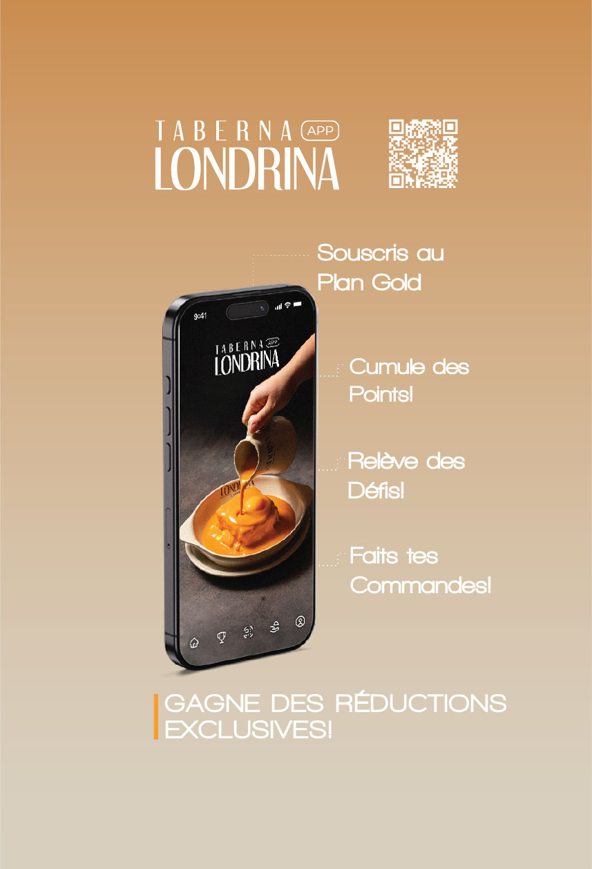 Imagem do aplicativo Taberna Londrina mostrando a tela com planos Gold, pontos, desafios e pedidos, ao lado QR code e texto que destaca assinaturas e descontos exclusivos.