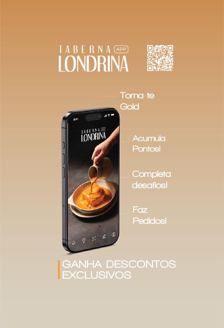 Imagem de um celular mostrando o aplicativo Taberna Londrina com instruções para tornar-se Gold, acumular pontos, completar desafios e fazer pedidos, destacando descontos exclusivos.