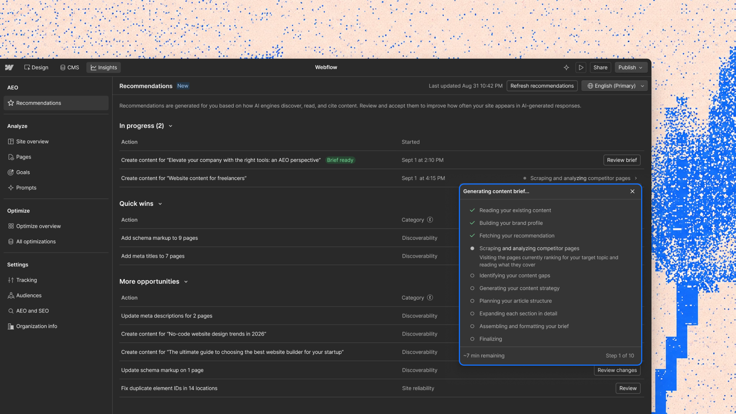 Webflow AEO: Analyse und Optimierung der Sichtbarkeit in AI-Suchmaschinen.