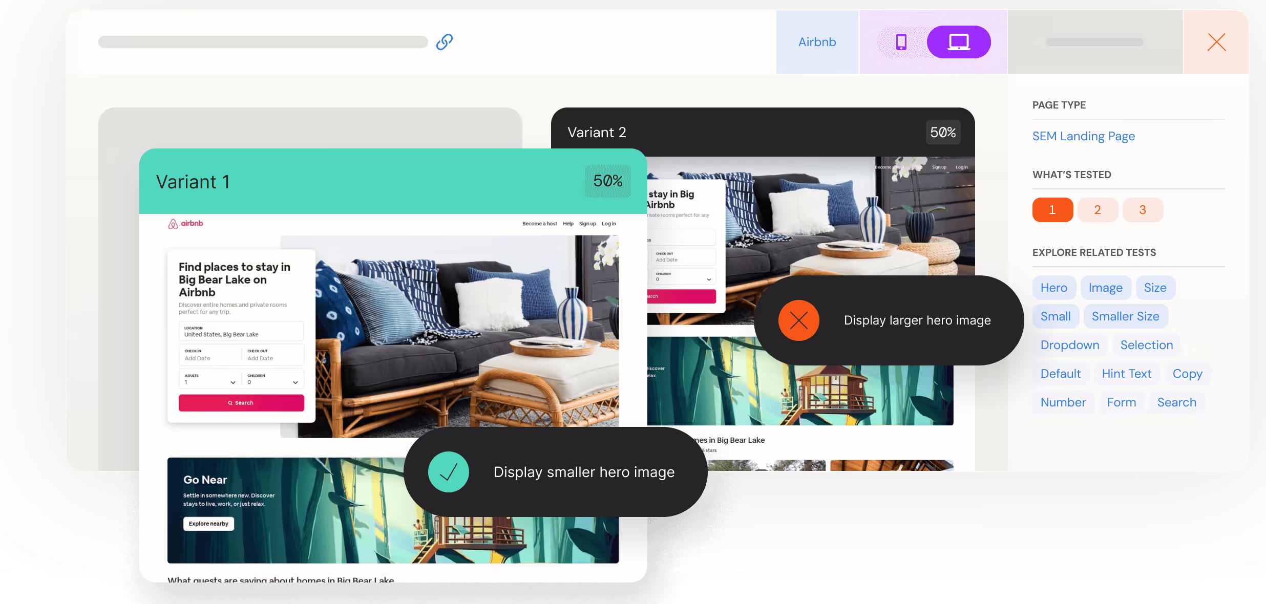Travel A/B test example, control vs variant with what was tested and outcomes