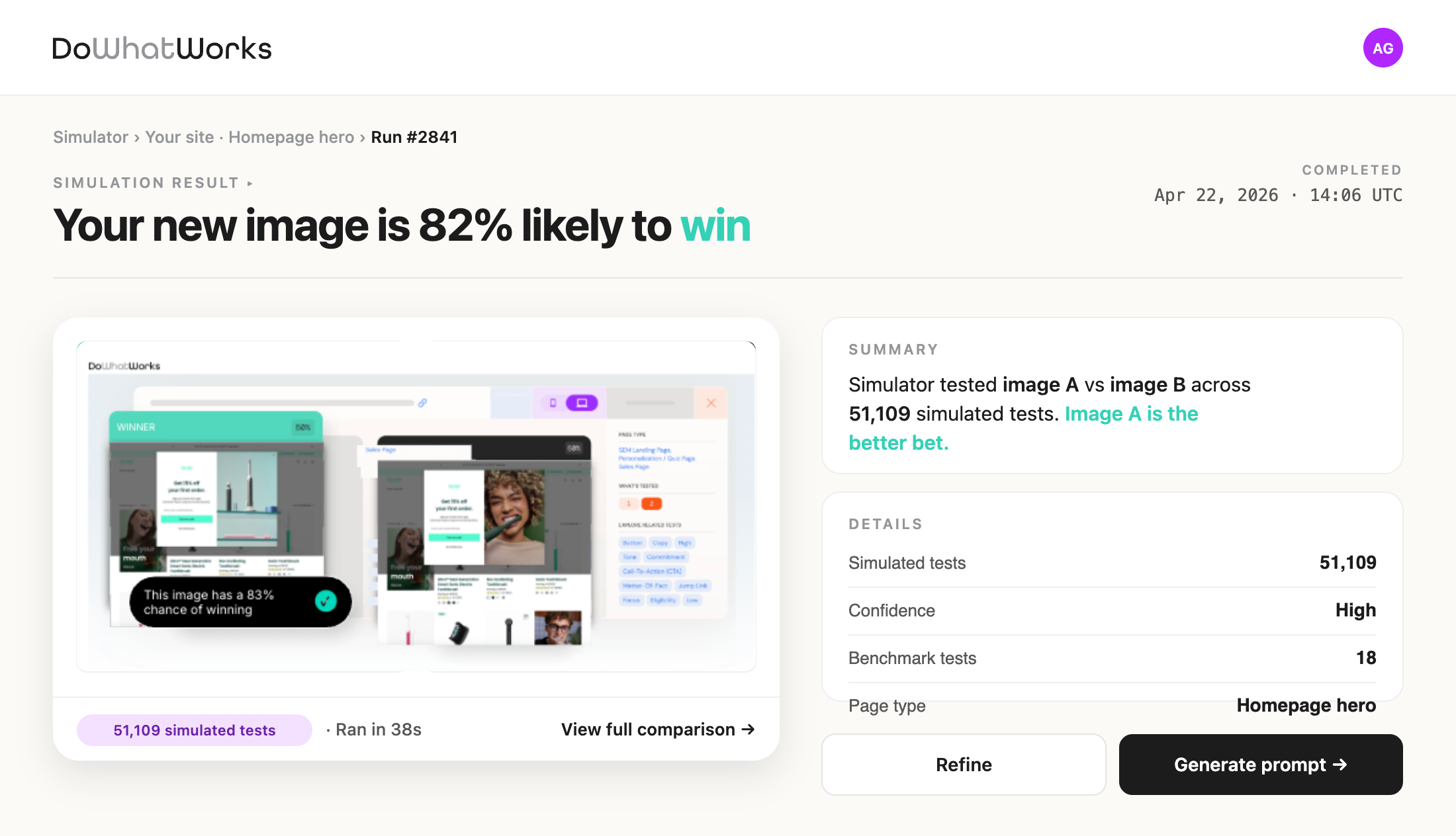 DoWhatWorks simulation result, showing a new image is 82% likely to win