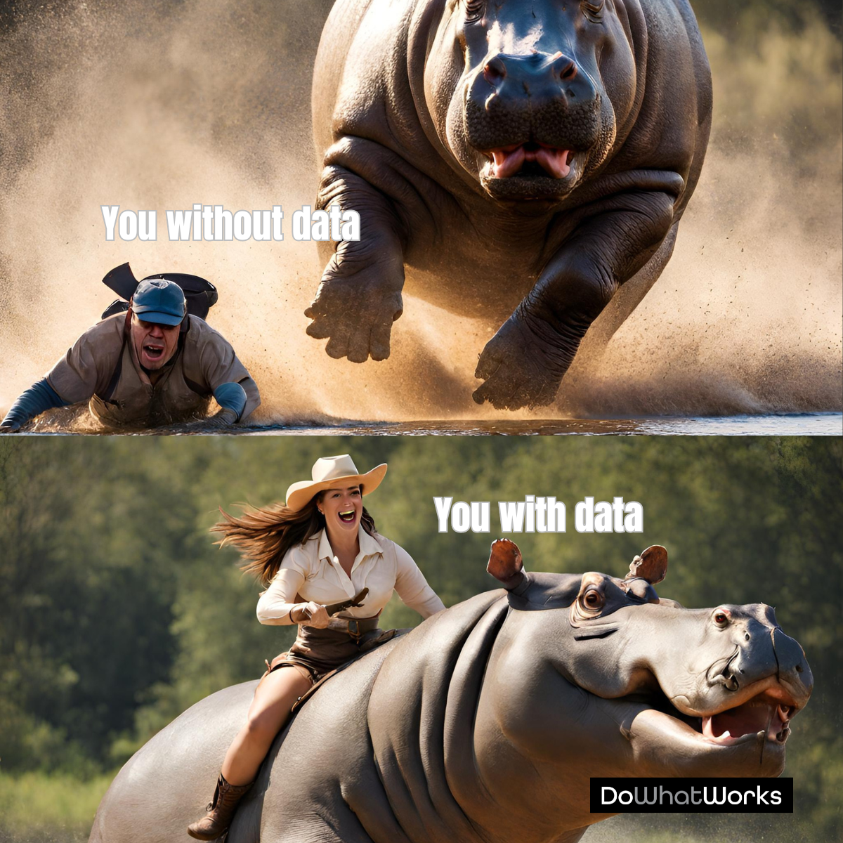 Two images. One has a hippo trampling a man into the water with the text "You without the data." The other is of a smiling woman riding a smiling hippo with the text "You with the data"