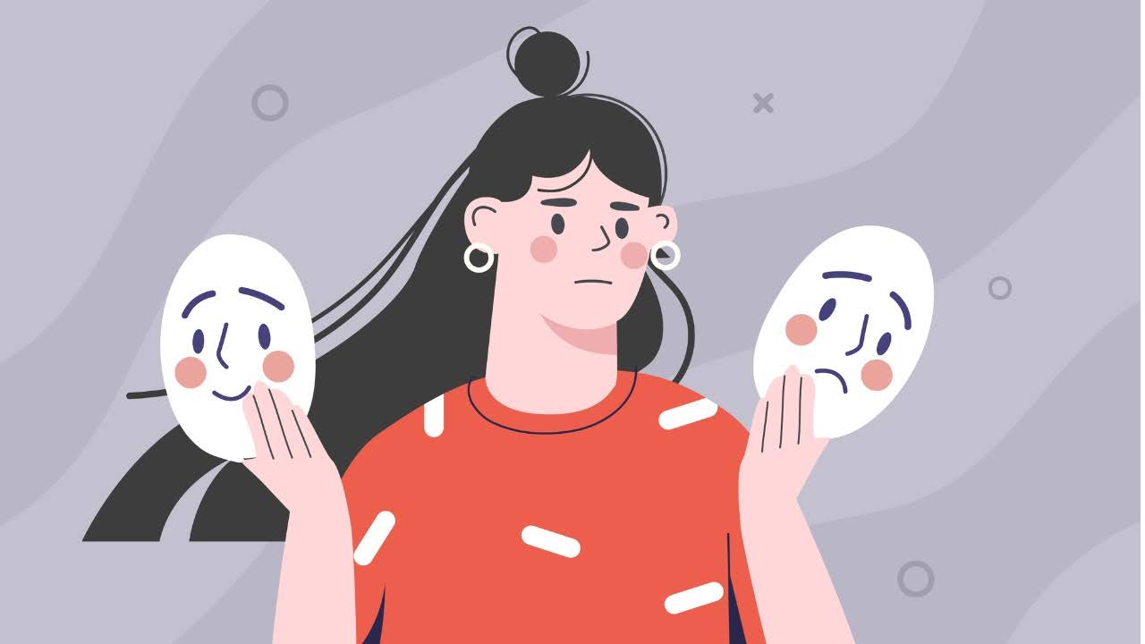 A woman holding two masks with faces drawn on them.