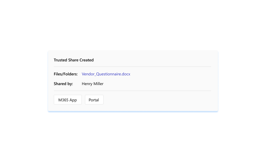 Trusted Share notification in Microsoft Teams chat showing the shared file Vendor_Questionnaire.docx, the sender Henry Miller, and access options for M365 App and Portal. 