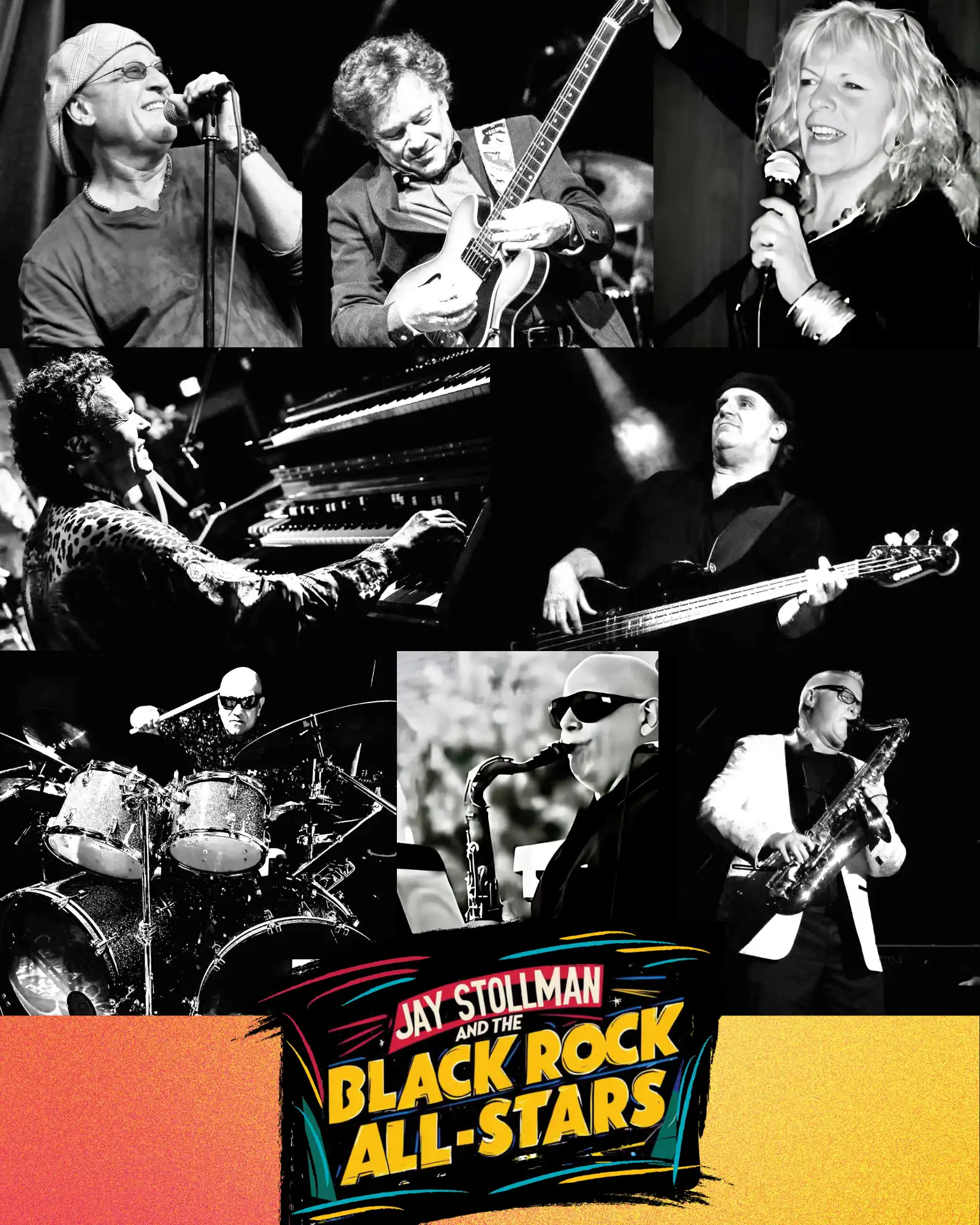 Collage of Jay Stollman and the Black Rock All-Stars performing with instruments, featuring logo text and vibrant background at the bottom of the image.