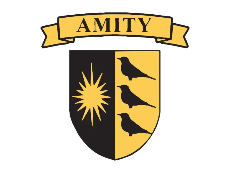 Amity logo featuring a shield with a sunburst, three birds, and the word "Amity" in a banner.