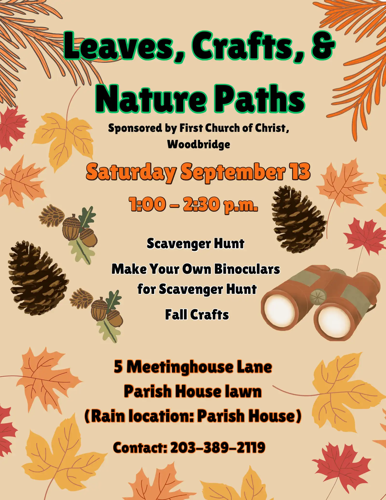 Leaves, Crafts, & Nature Paths event flyer featuring autumn leaves, pinecones, and binoculars. Includes date, activities, location, and contact details.