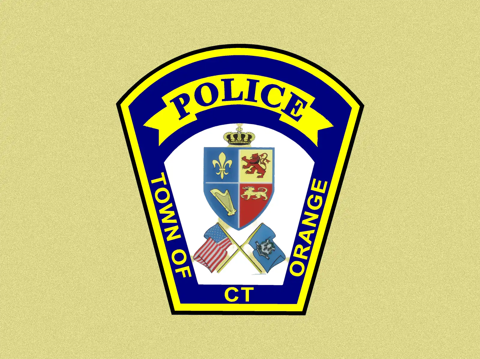 Police patch for the Town of Orange, CT featuring a blue and yellow shield, heraldic crest with lion and fleur-de-lis, and American and state flags