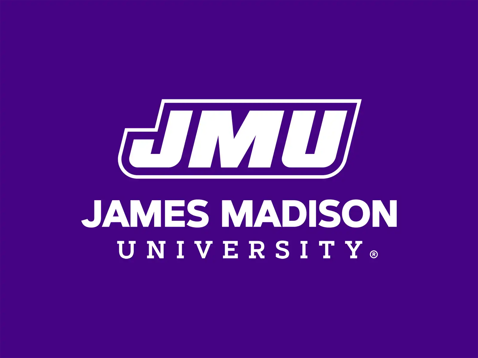 James Madison University logo on a purple background, featuring bold white “JMU” lettering above the full university name in stacked text.