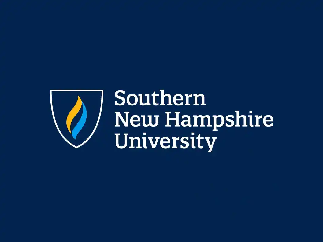 Southern New Hampshire University logo with shield icon featuring blue and gold flame on dark blue background, white serif text reading the university name