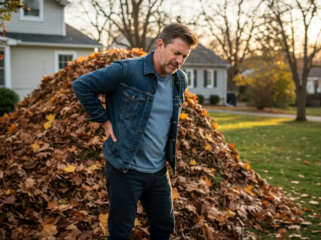 A man in a denim jacket holds his lower back in pain while standing in front of a large pile of autumn leaves in a suburban yard.