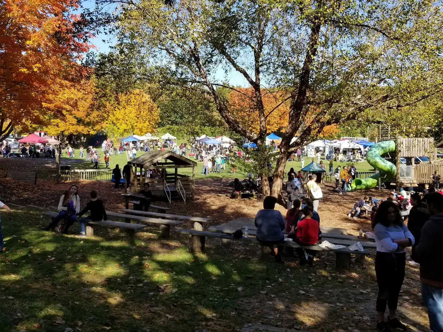 Fall festival scene with a large crowd, vendor tents, a wooden playground, and people sitting under a tree with colorful autumn foliage.