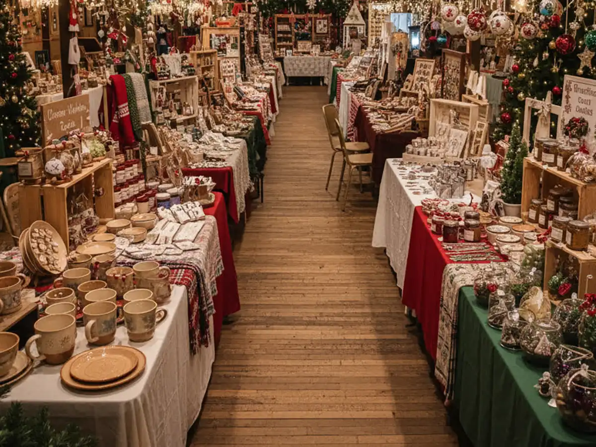 Craft fair with wooden tables covered in holiday decorations, handmade crafts, mugs, ornaments, and festive lights creating a cozy Christmas market ambiance.
