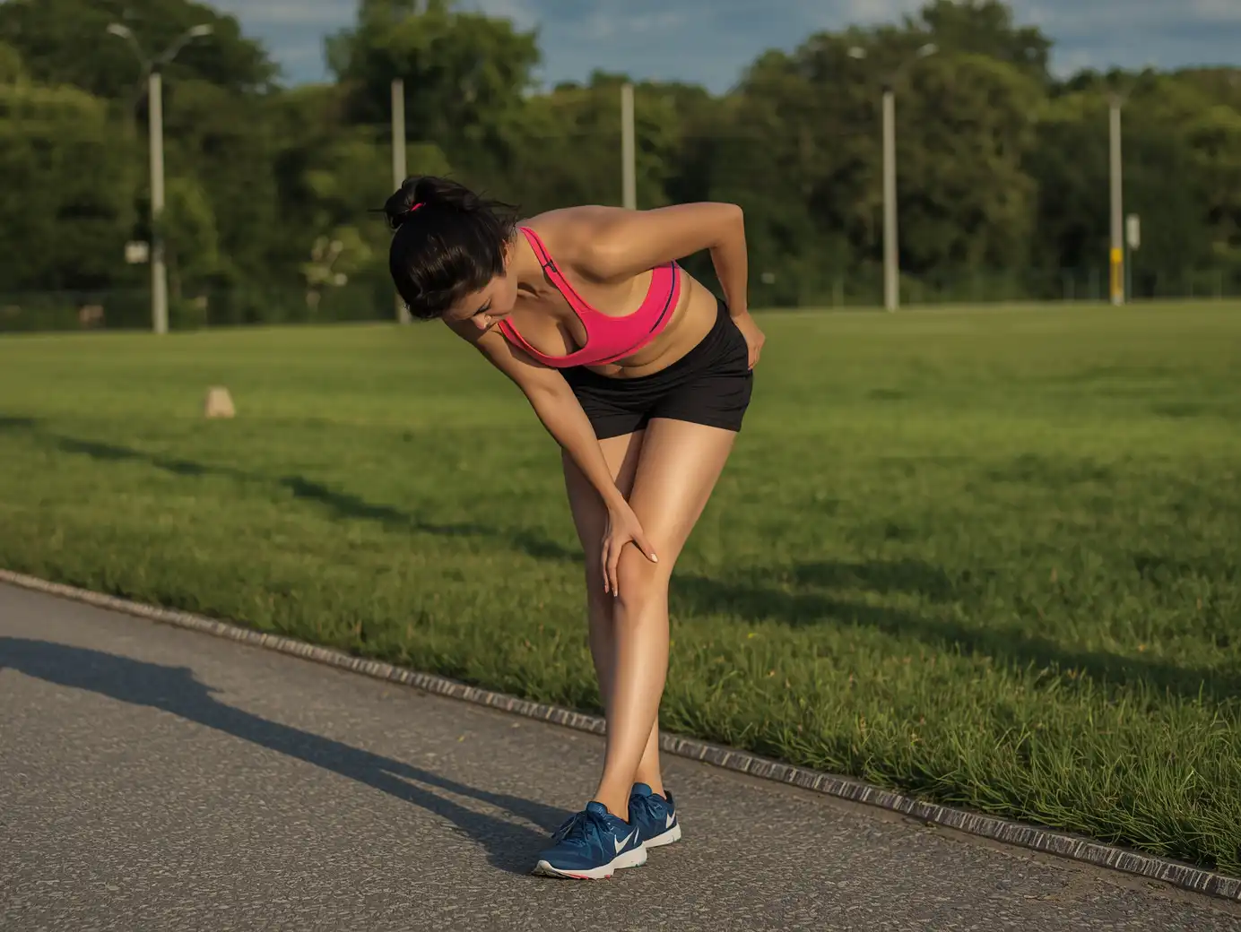 Female runner in a pink sports bra and black shorts bends over, grasping her calf in pain on a paved path surrounded by green grass in a park setting.