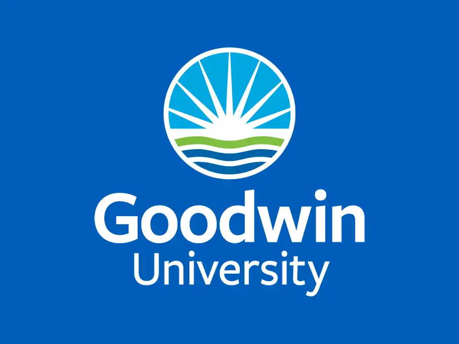 Goodwin University logo on a blue background, featuring a stylized sunrise above green hills and waves, with “Goodwin University” text below the icon.
