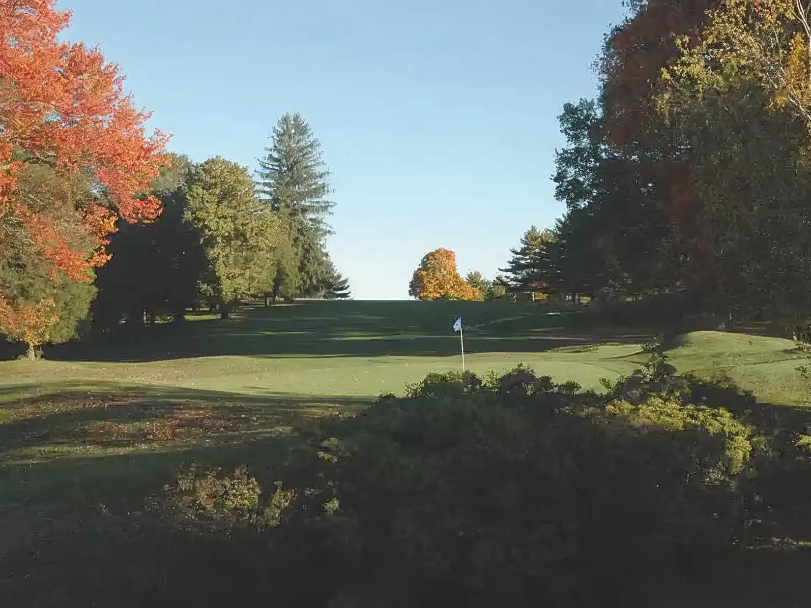 A scenic view of the Woodbridge Country Club golf course, featuring lush green fairways, colorful autumn trees, and a flag marking the hole.