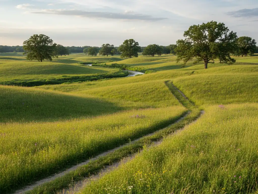 Grassy, undeveloped countryside with rolling hills, scattered oak trees, and a winding dirt path leading toward a small stream in the distance.