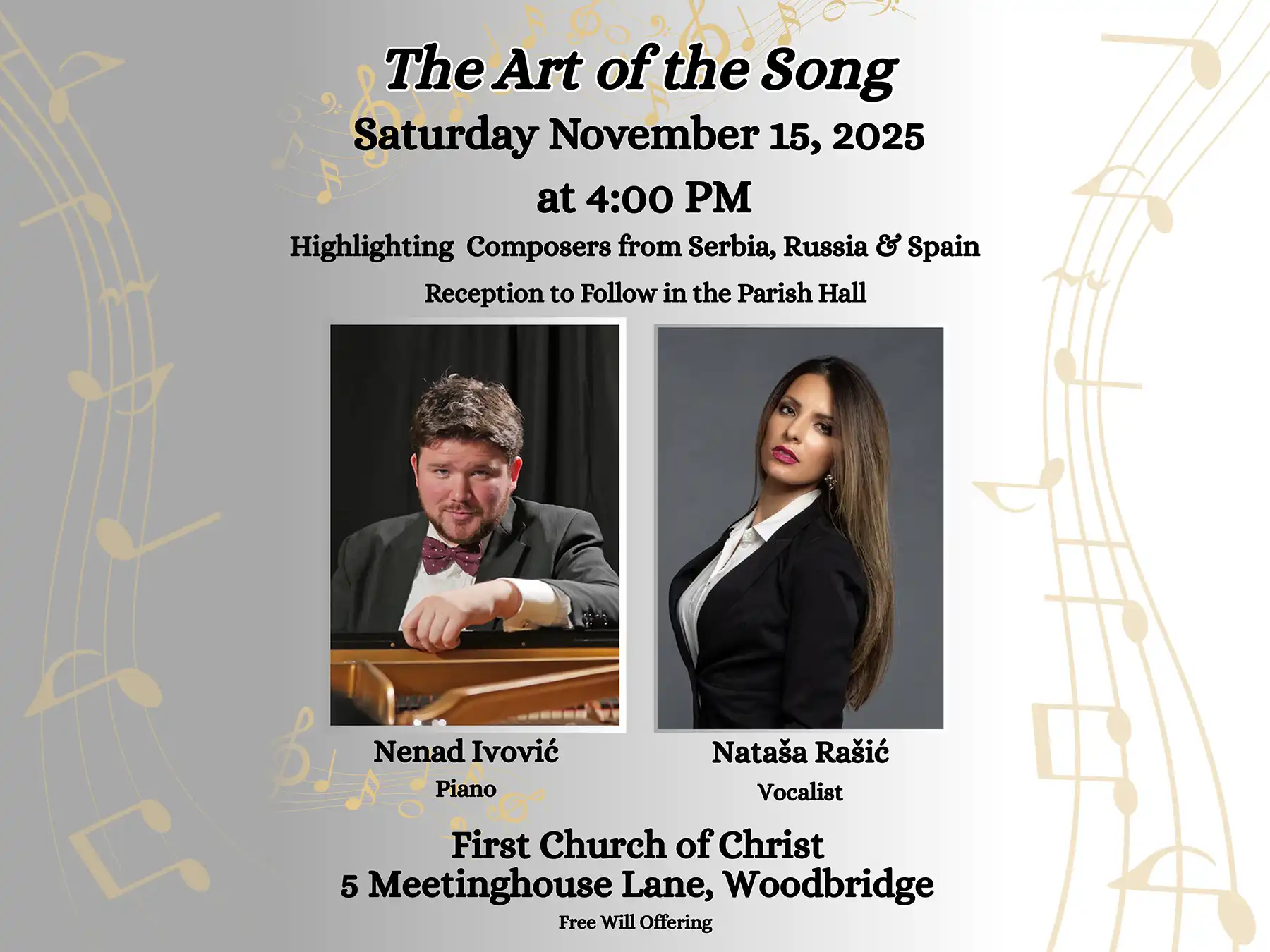 Flyer for "The Art of the Song" concert at First Church of Christ, Woodbridge, on November 15, 2025, featuring music from Serbia, Russia, and Spain.