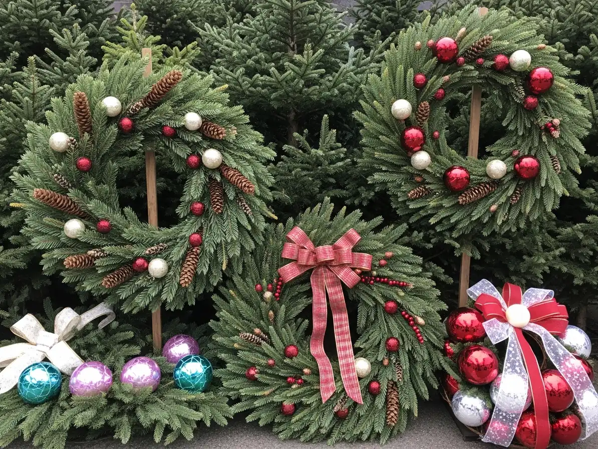 Three lush Christmas wreaths decorated with red and white ornaments, pinecones, and bows, displayed among evergreen trees.