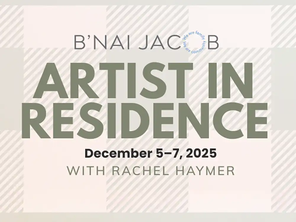 Congregation B'nai Jacob flyer for Artist in Residence Rachel Haymer, December 5-7, 2025. Green text appears on a light beige plaid background.
