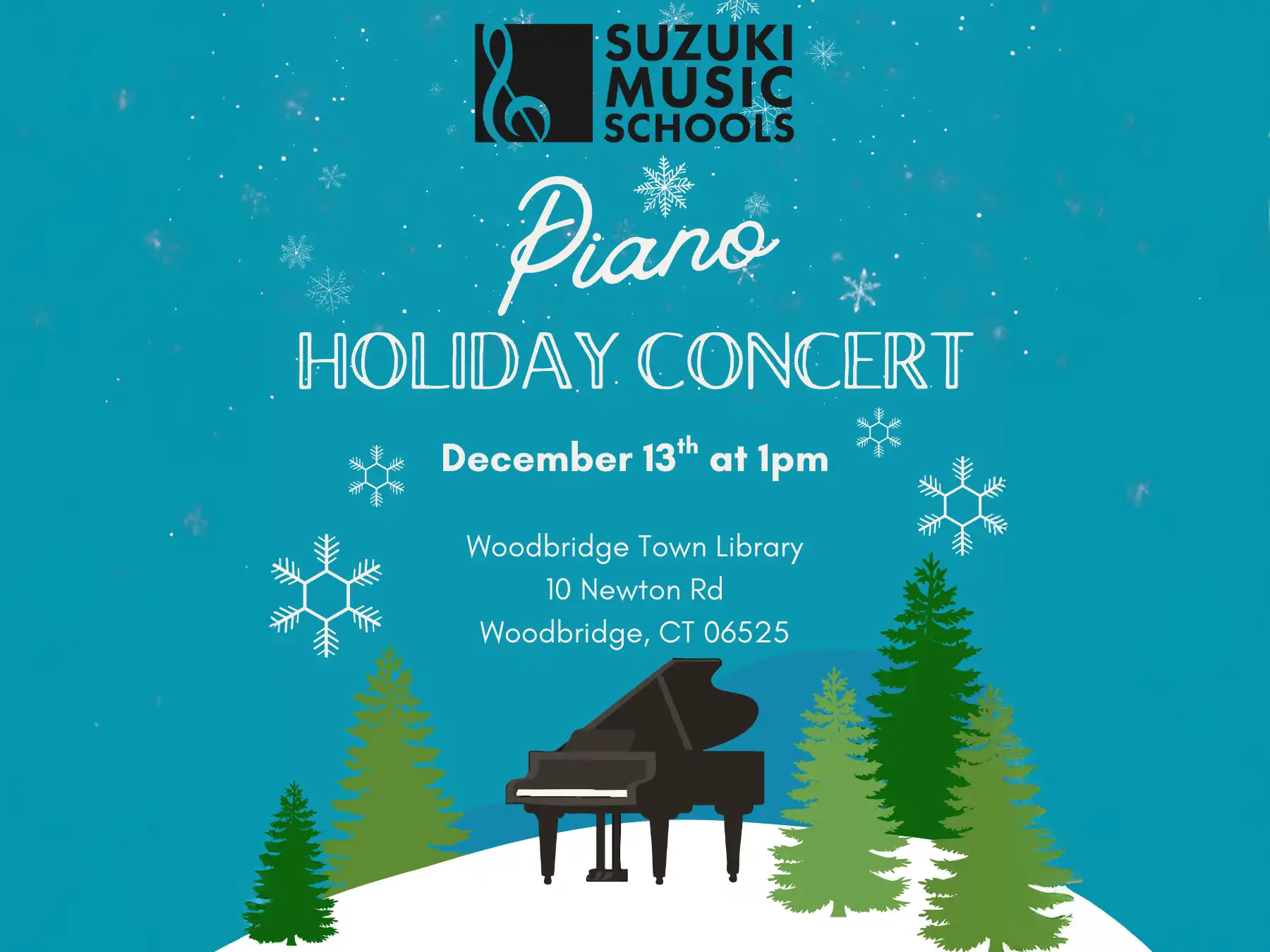 Piano Holiday Concert by Suzuki Music Schools: December 13th at 1pm, Woodbridge Town Library. Features a grand piano graphic.