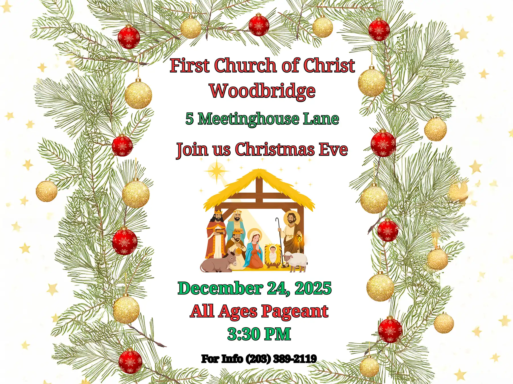 First Church of Christ Woodbridge All Ages Christmas Eve Pageant flyer, Dec 24, 2025, 3:30 PM, featuring a nativity scene and pine garland.