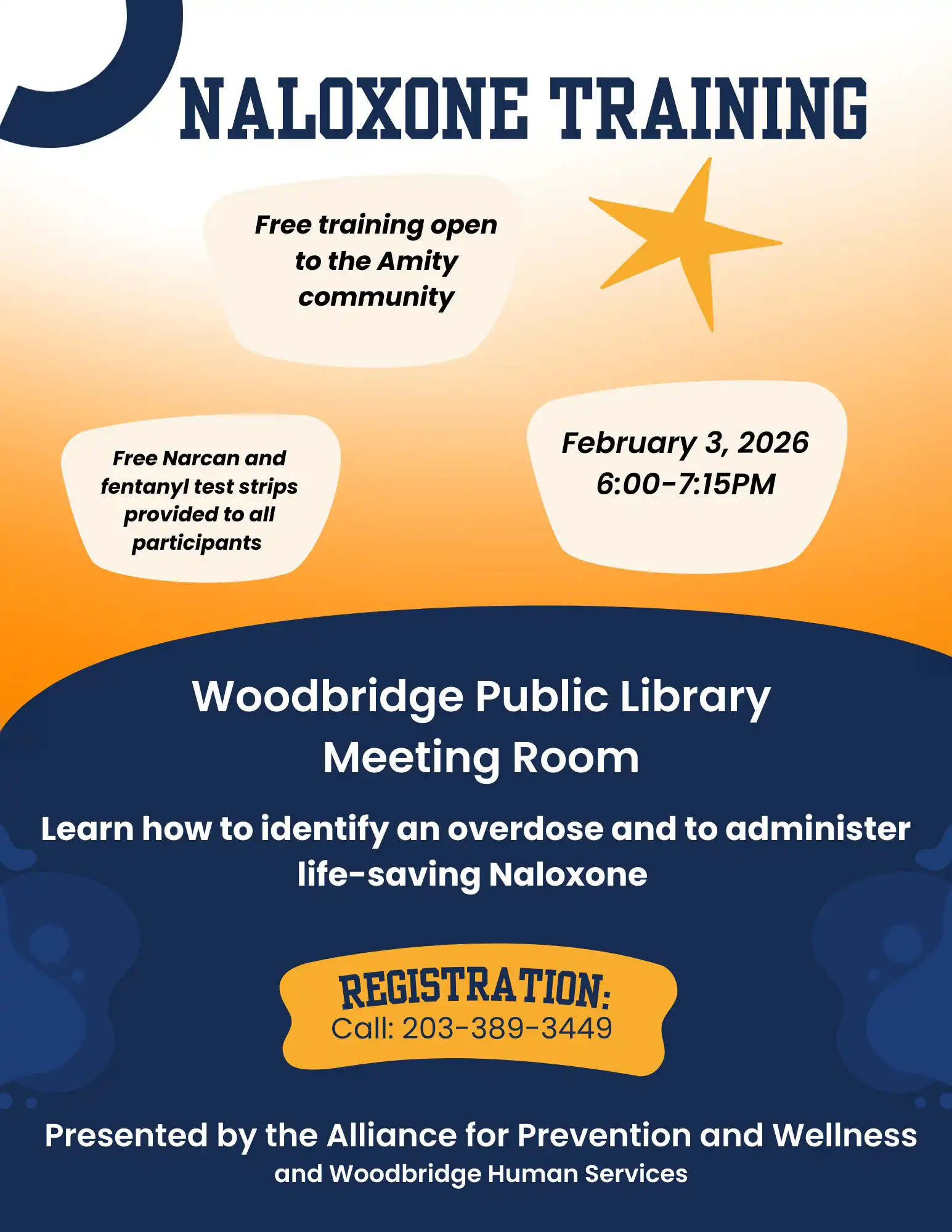 Free Naloxone Training flyer for Feb 3, 2026, at Woodbridge Public Library. Learn to reverse overdoses and get free Narcan and fentanyl test strips.