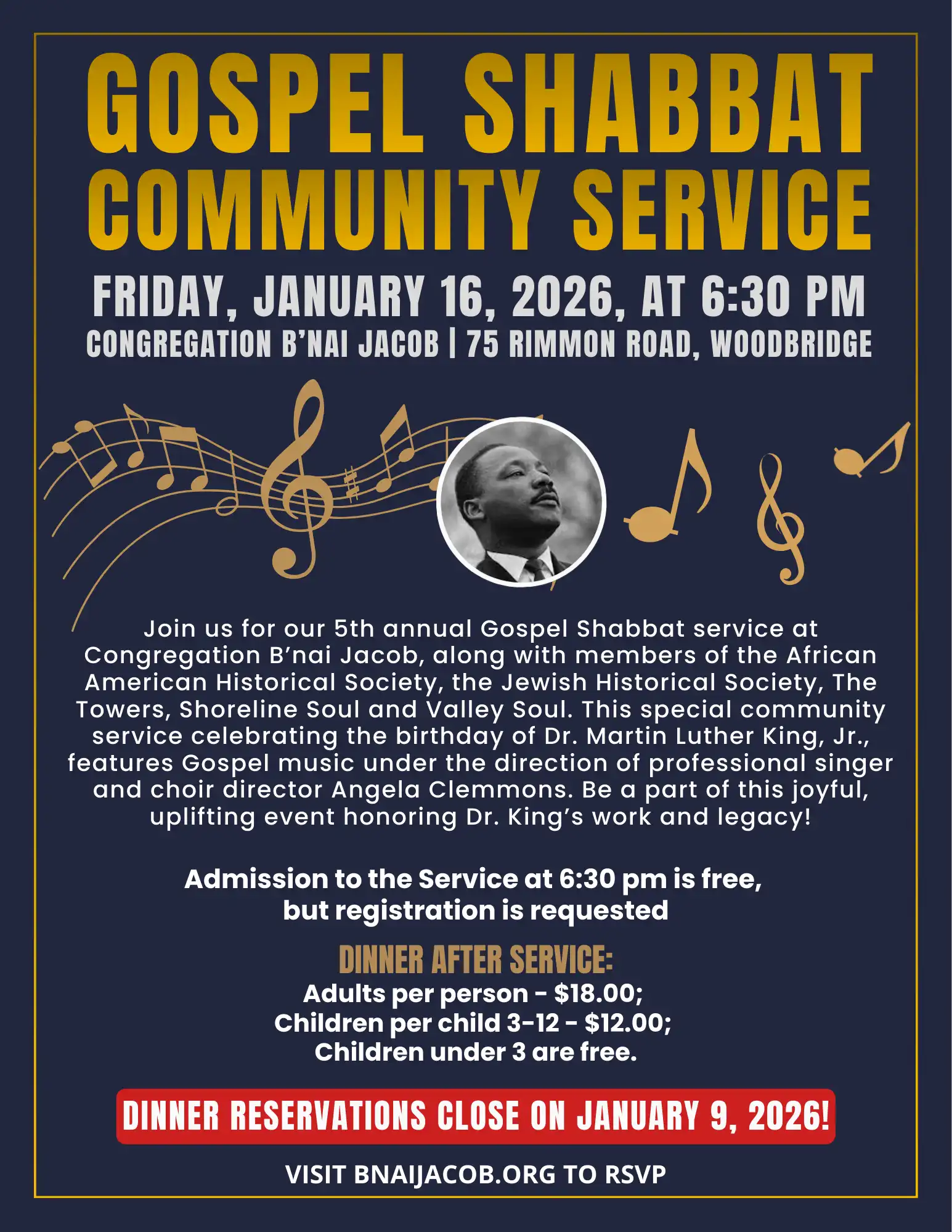 Gospel Shabbat Community Service flyer for Jan 16, 2026, at B'nai Jacob in Woodbridge, celebrating Dr. Martin Luther King Jr. with live gospel music.