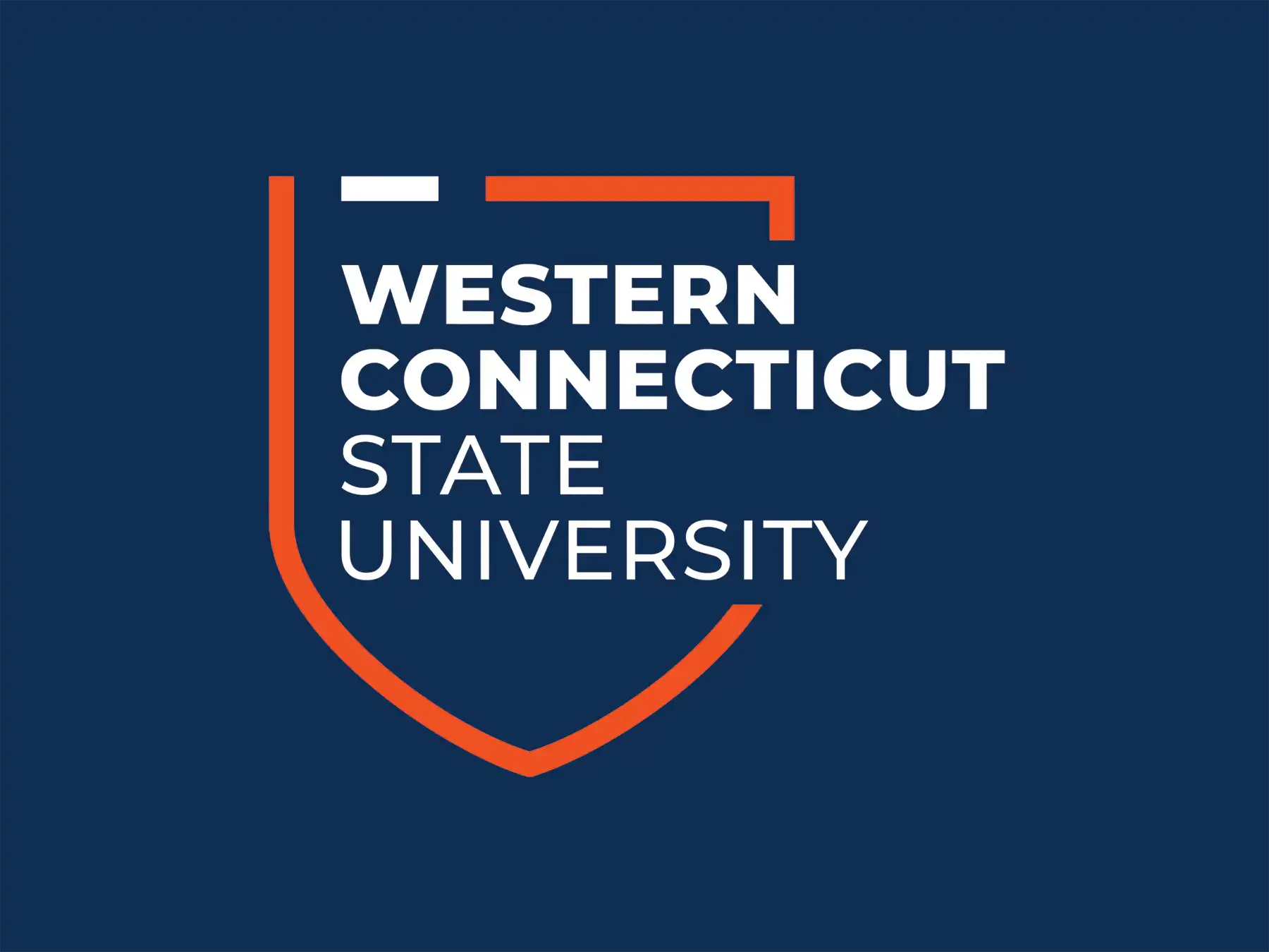 Official Western Connecticut State University logo featuring a primary orange shield outline with navy blue and orange text on a white background.