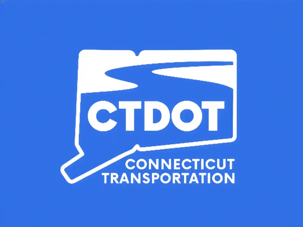 The CTDOT logo featuring white text and a winding road graphic inside a blue silhouette of Connecticut, representing the Department of Transportation.