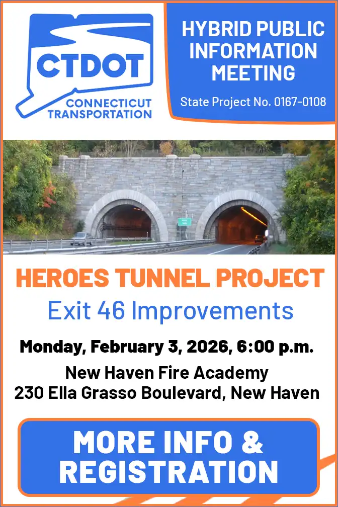 CTDOT flyer for a hybrid public meeting about the Heroes Tunnel Project Exit 46 improvements on February 3, 2026, at the New Haven Fire Academy.
