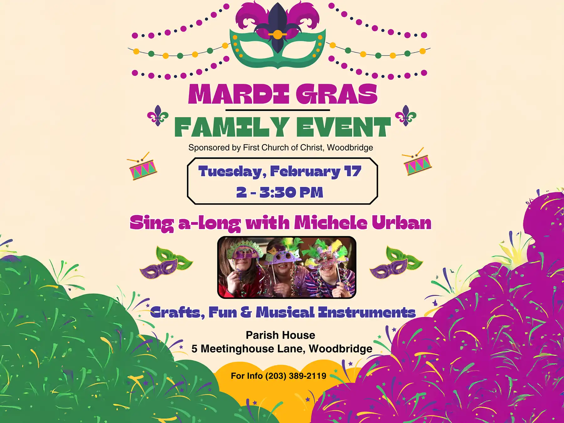 Flyer for Mardi Gras Family Event at First Church of Christ Woodbridge on Feb 17 featuring a sing-a-long with Michele Urban and crafts for kids.