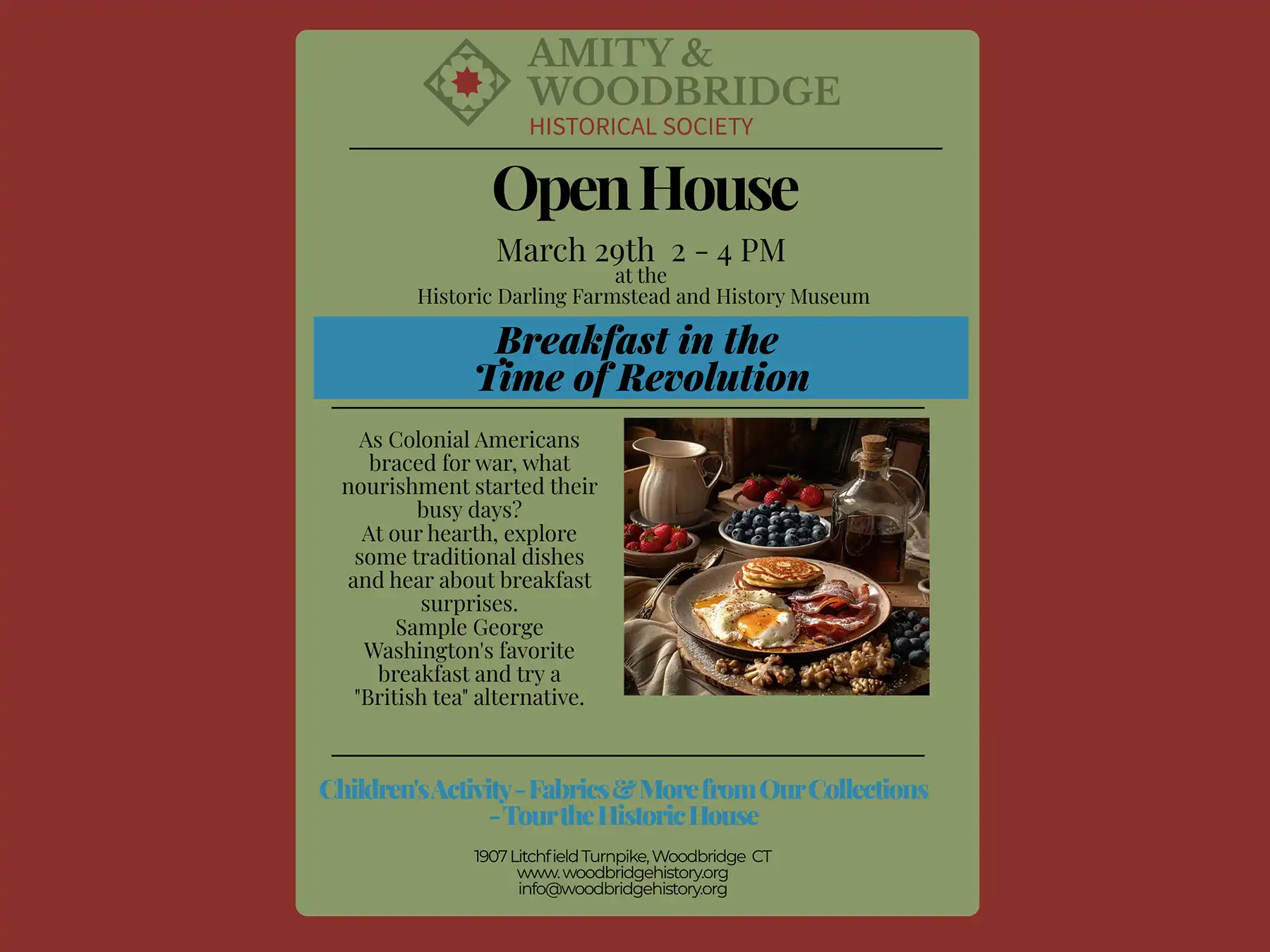 Flyer for "Breakfast in the Time of Revolution" open house on March 29 at Darling Farmstead, featuring colonial dishes and historic house tours.