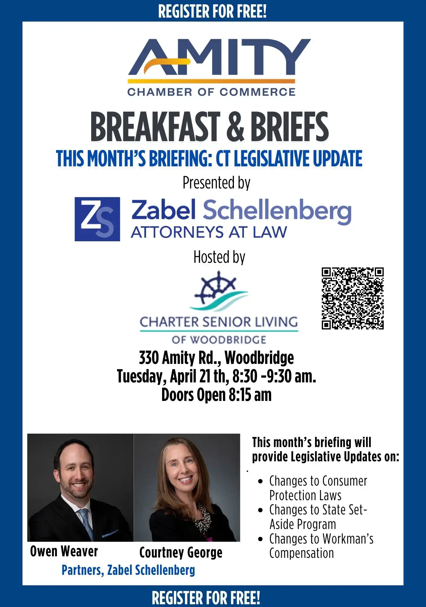 Amity Chamber Breakfast and Briefs flyer for a CT Legislative Update on April 21, 2026, featuring Zabel Schellenberg attorneys at Charter Senior Living.