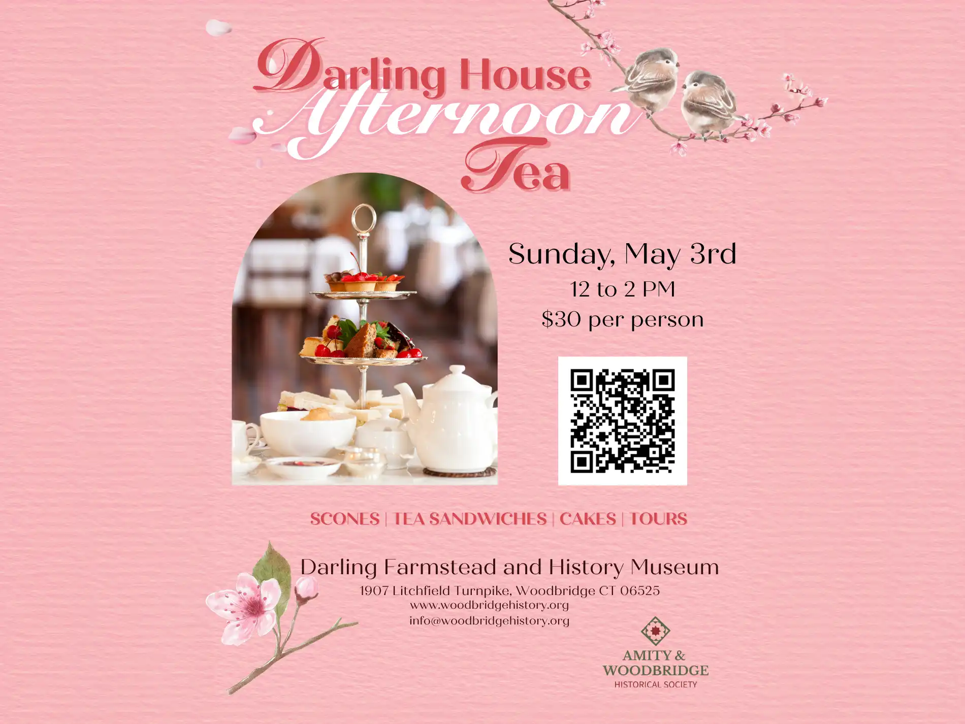 Event flyer for Darling House Afternoon Tea on May 3rd featuring scones, tea sandwiches, and tours at the Darling Farmstead and History Museum.