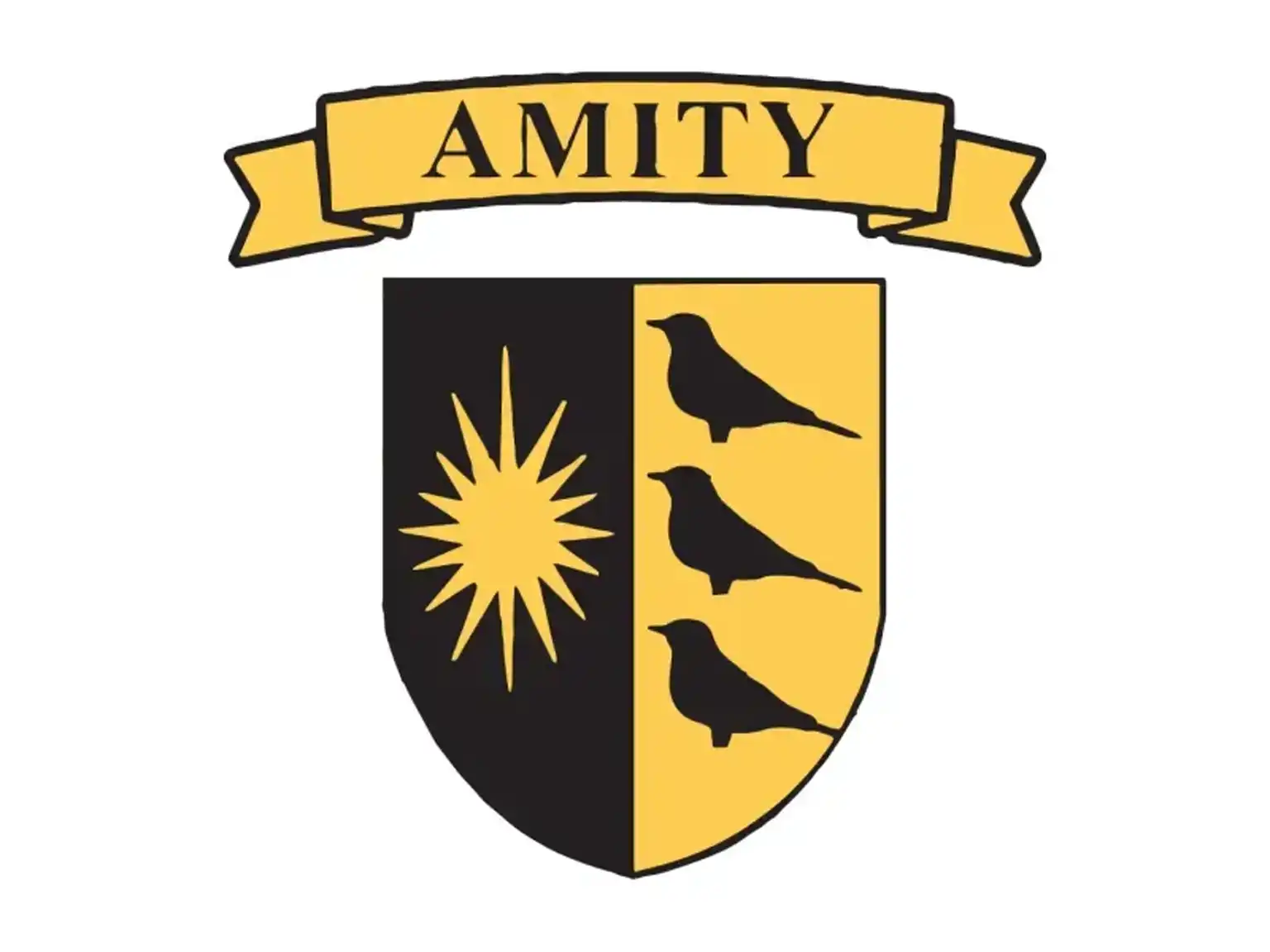 Amity school crest featuring a gold banner with AMITY text, a black and gold shield, a sunburst on the left, and three black birds on the right.
