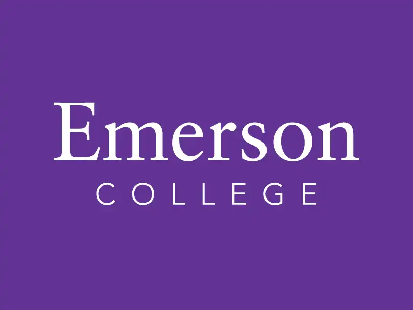 White Emerson College logo centered on a solid purple background.