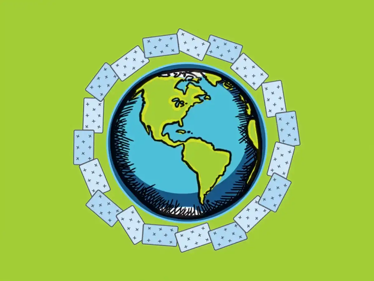A hand-drawn illustration of planet Earth showing the Americas, surrounded by a circular ring of mattresses against a lime green background.