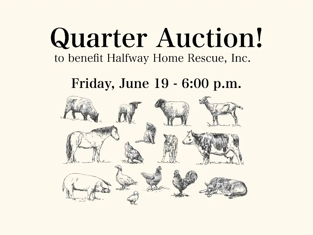 Quarter Auction flyer for Halfway Home Rescue on June 19 featuring vintage sketches of farm animals like cows, sheep, and horses on a cream background.