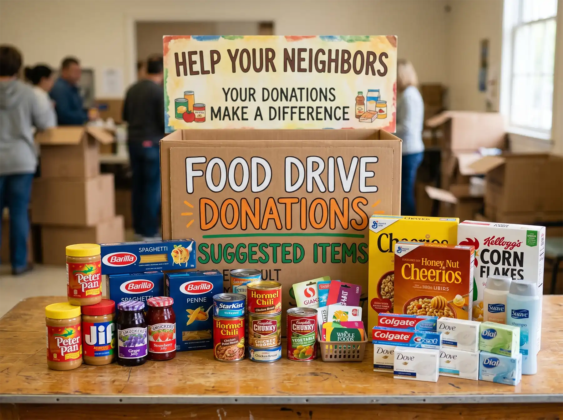 A variety of non-perishable food and hygiene items, including cereal, pasta, and peanut butter, are displayed for a community food drive donation collection.