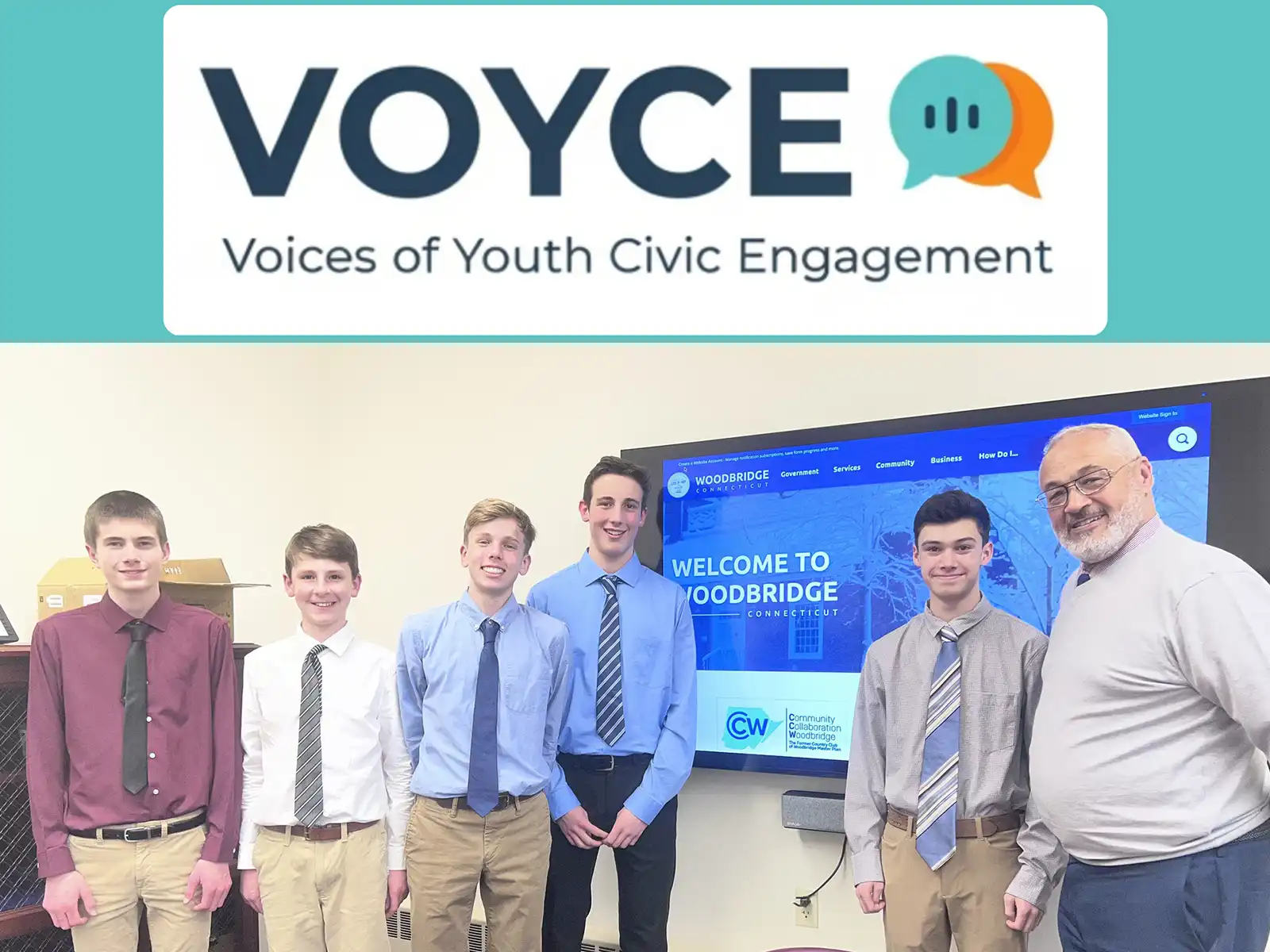 Six individuals pose for a group photo, with five students in shirts and ties and one adult, by a "Welcome to Woodbridge" screen.