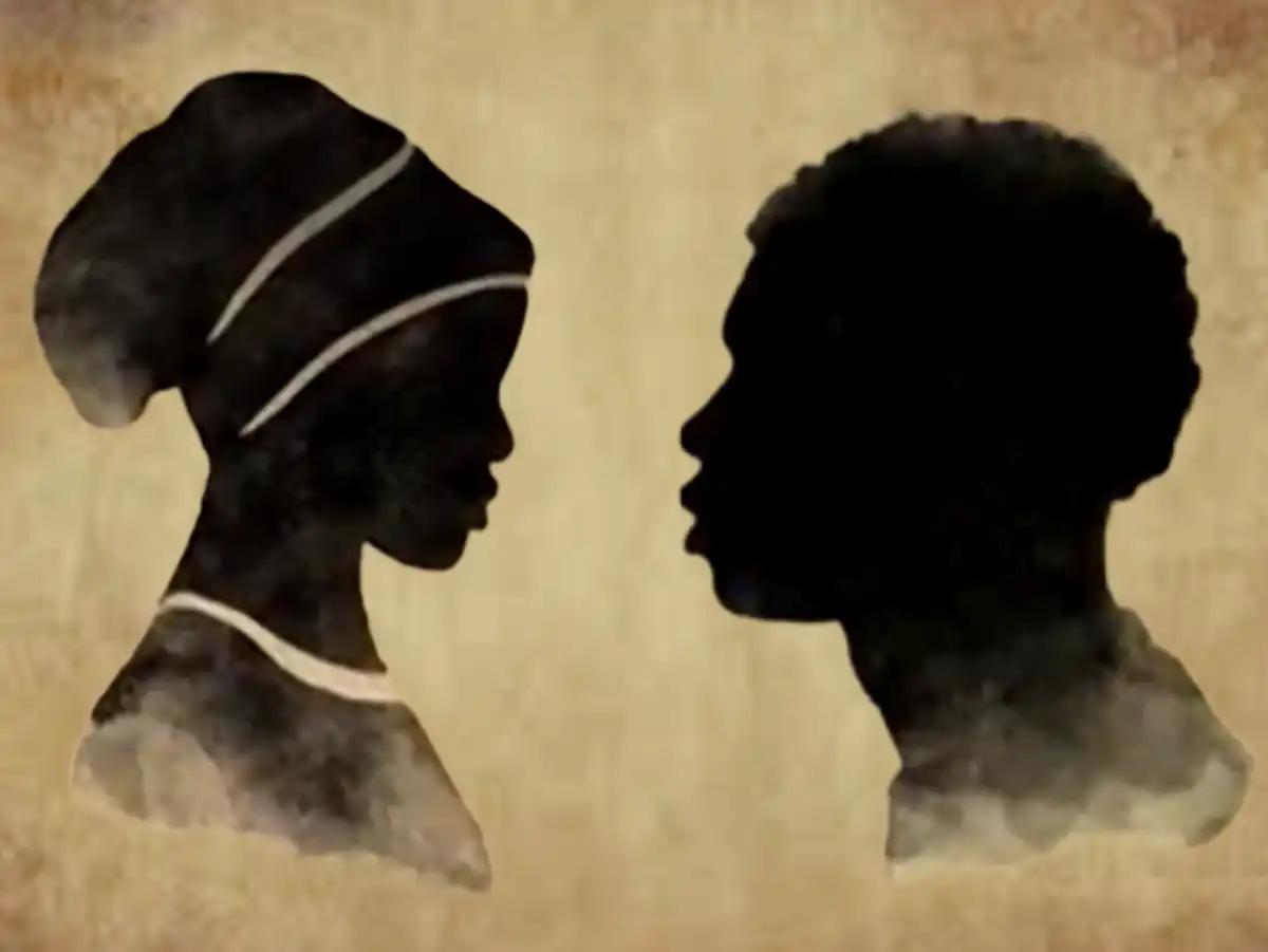 Watercolor silhouettes of a Black woman with a headwrap and a Black man facing each other on a textured parchment background, honoring Chloe and Timothy.